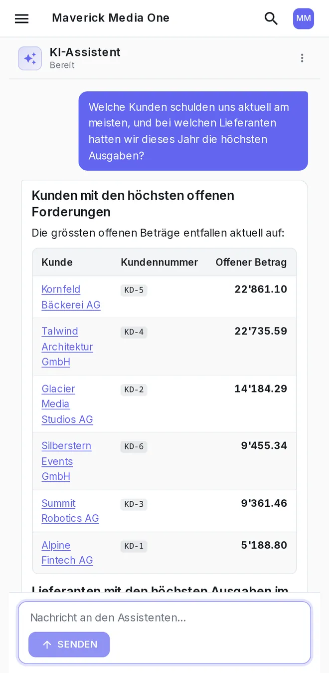 neoo auf Android: der KI-Chat beantwortet, mit welchen Lieferanten am meisten ausgegeben wurde