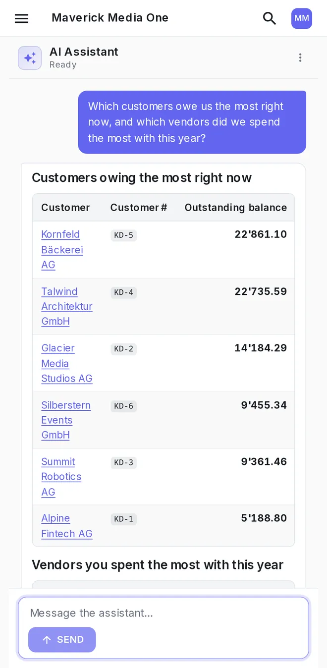 neoo on Android: the AI chat answering which suppliers had the highest spend