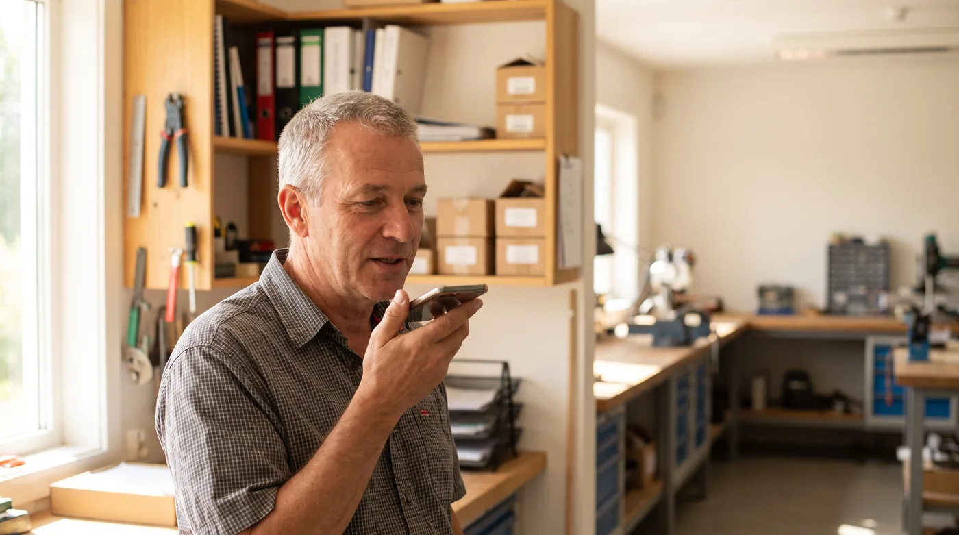 A workshop owner dictates a question to his AI assistant on his phone
