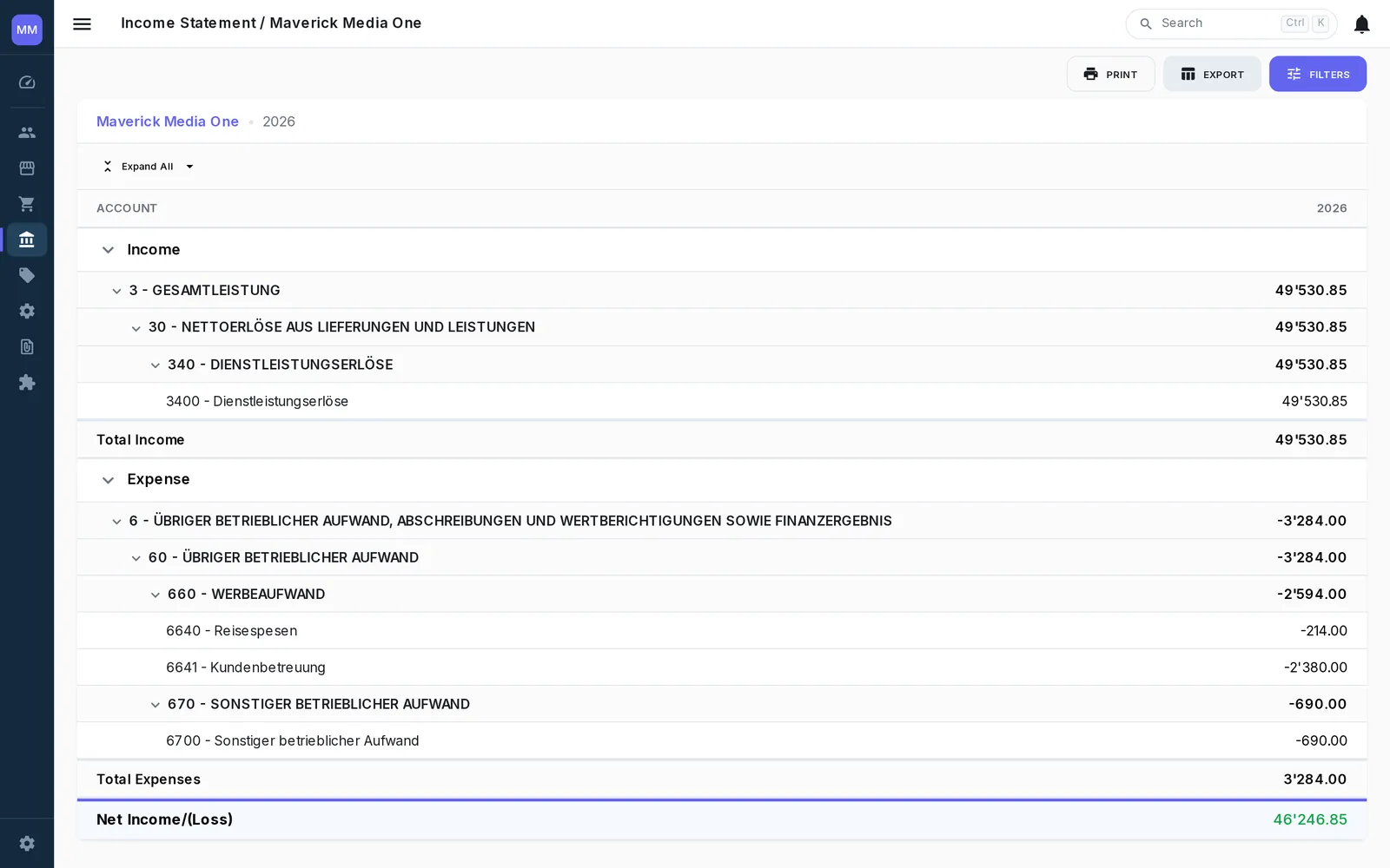 Income statement filtered to one project