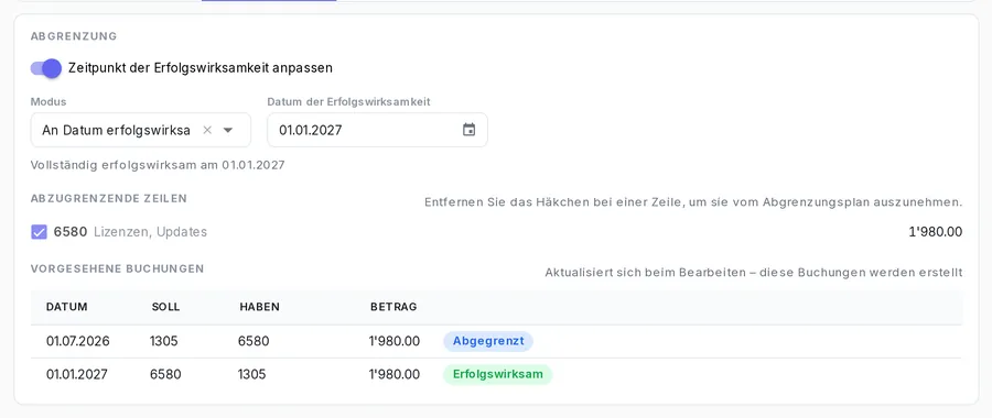 Eine Lizenz, am 1. Januar vollständig erfolgswirksam gebucht