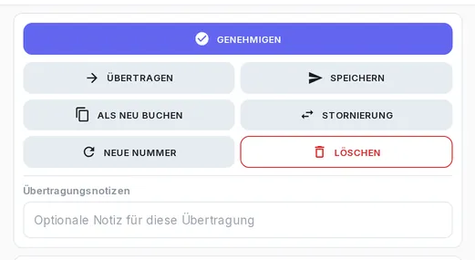 Die Schaltfläche «Genehmigen» und die weiteren Aktionen einer Rechnung