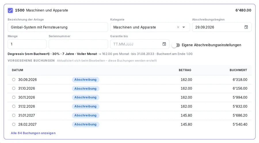Eine Rechnung für eine Anschaffung mit vorgeschlagener Abschreibung