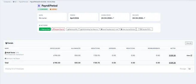 One payroll period with net pay and its actions