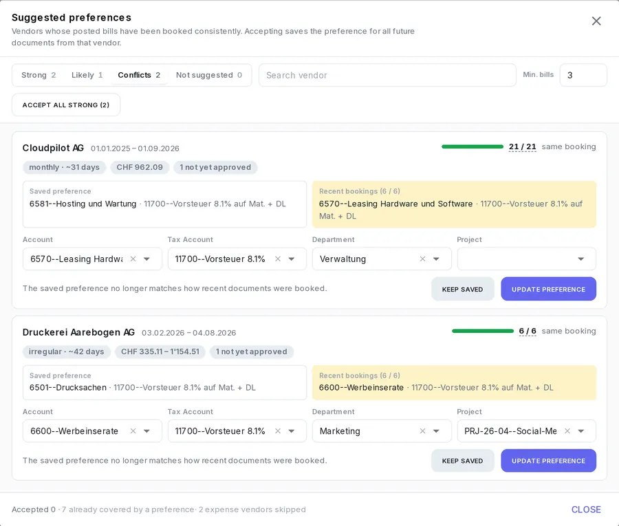 Saved preferences that no longer match recent bookings