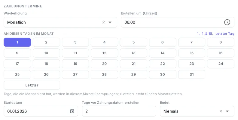 Die Zahlungstage auswählen
