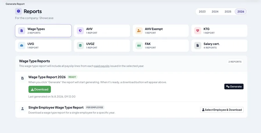 Payroll reports: AHV, UVG, FAK and wage types